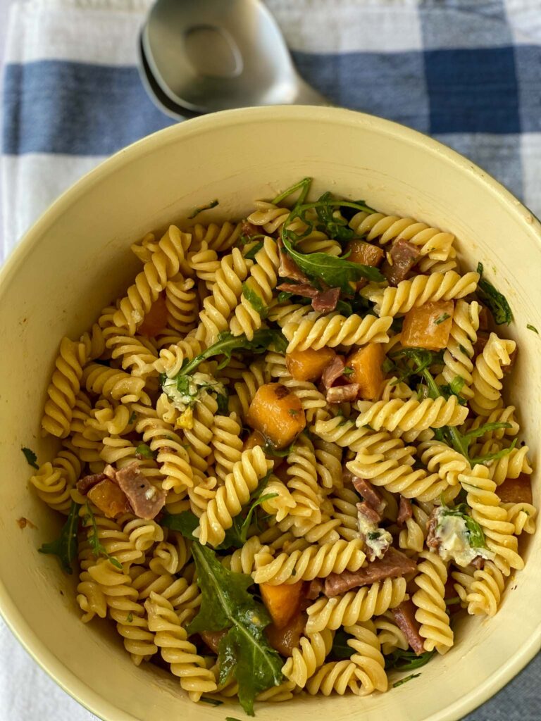 Bowl of pasta salad.