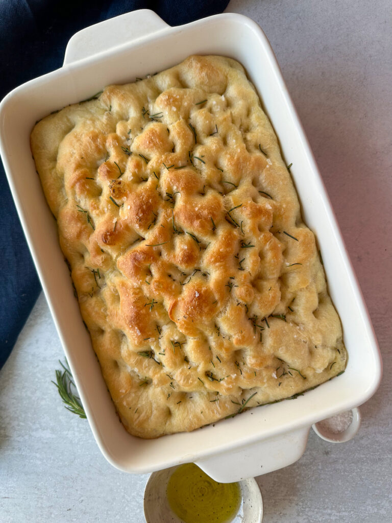 Rosemary foaccia bread baked with rosemary, salt and olive oil.
