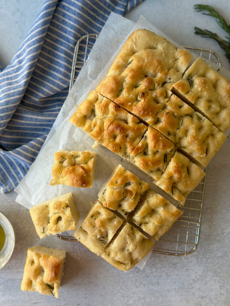 rosemary focaccia bread cut in squares