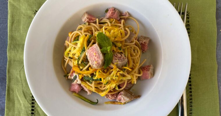 Zucchini and Yellow Squash Whole Wheat Spaghetti with Tuna