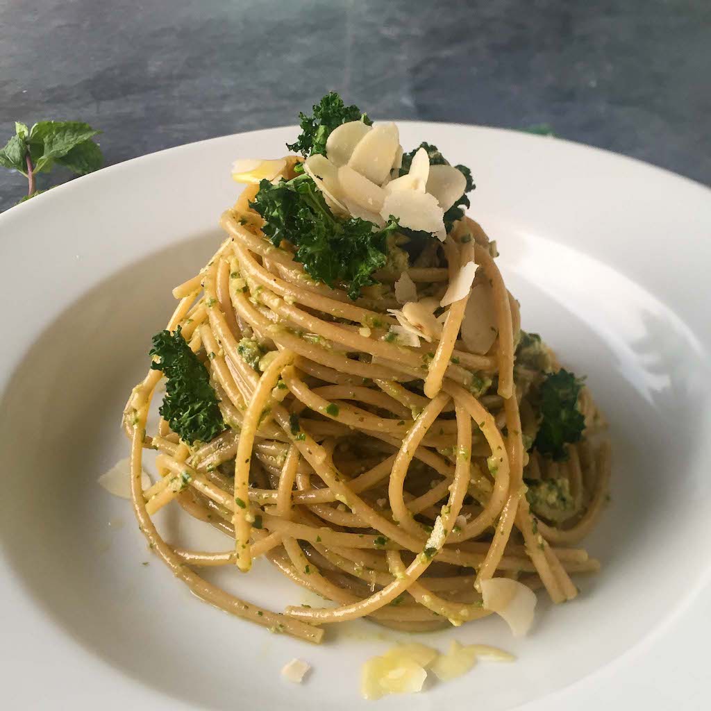 Arugula & Mint Vegan Pesto Pasta in a plate