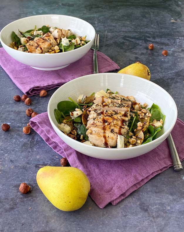 Gorgonzola, Pear & Chicken Salad with Hazelnut and Balsamic Glaze