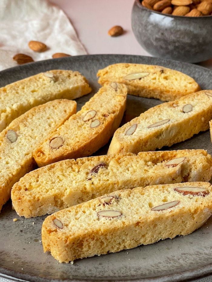 Italian Classic Almond Biscotti on a grey plate