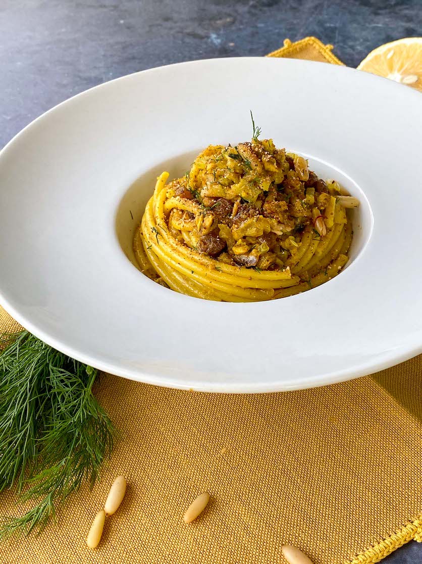 Pasta with Sardines on a yellow place mat