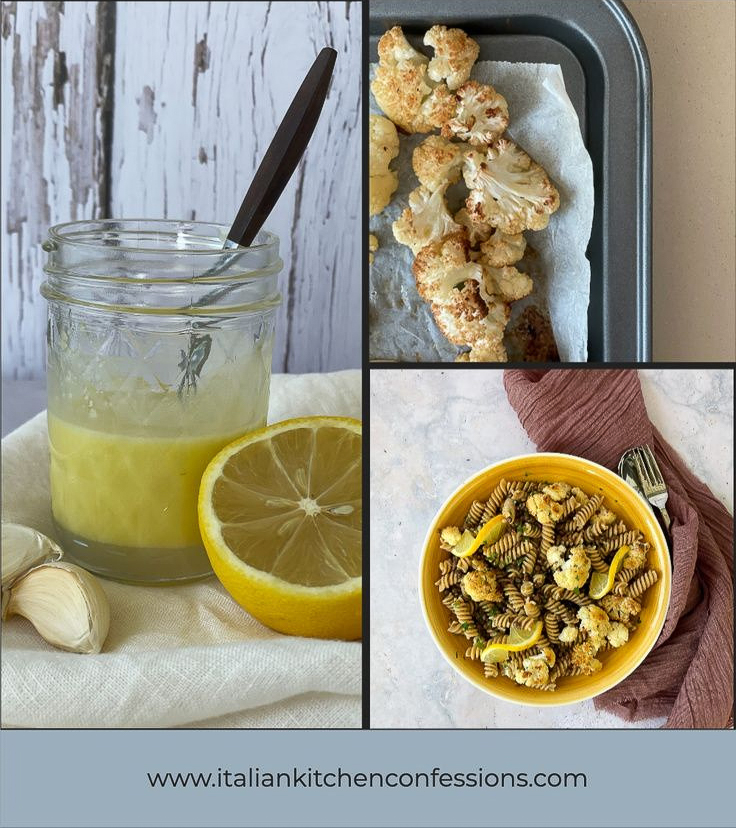 Pasta e Lenticchie with cauliflower, collgae of roasted cauliflower, dressing and pasta plate in yellow bowl