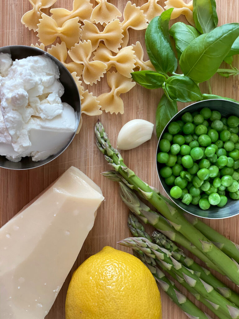 Pasta ingredients for Ricotta pea pasta with asparagus