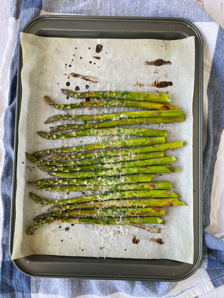 Roasted asparagus on baking tray