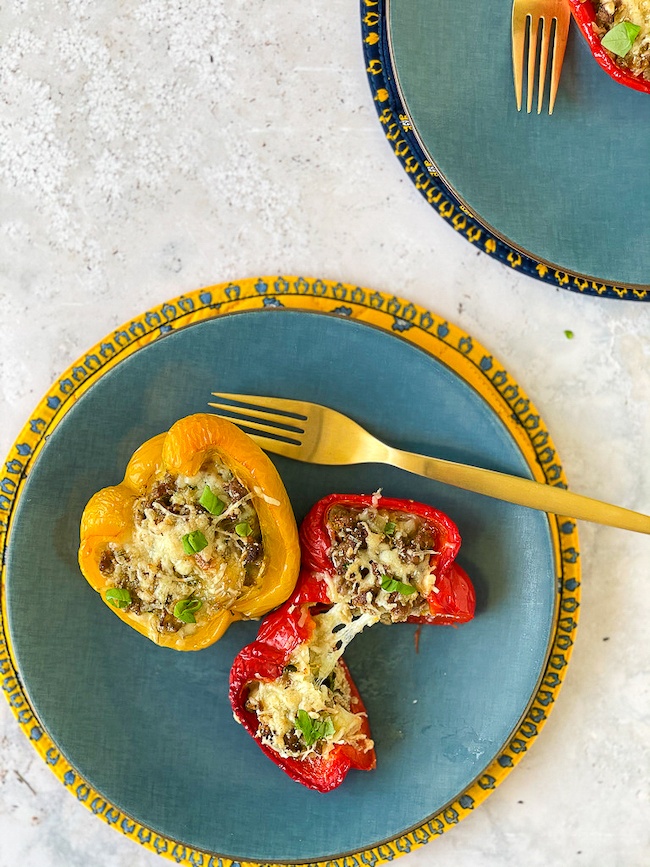 Italian Stuffed Peppers on a blue plate