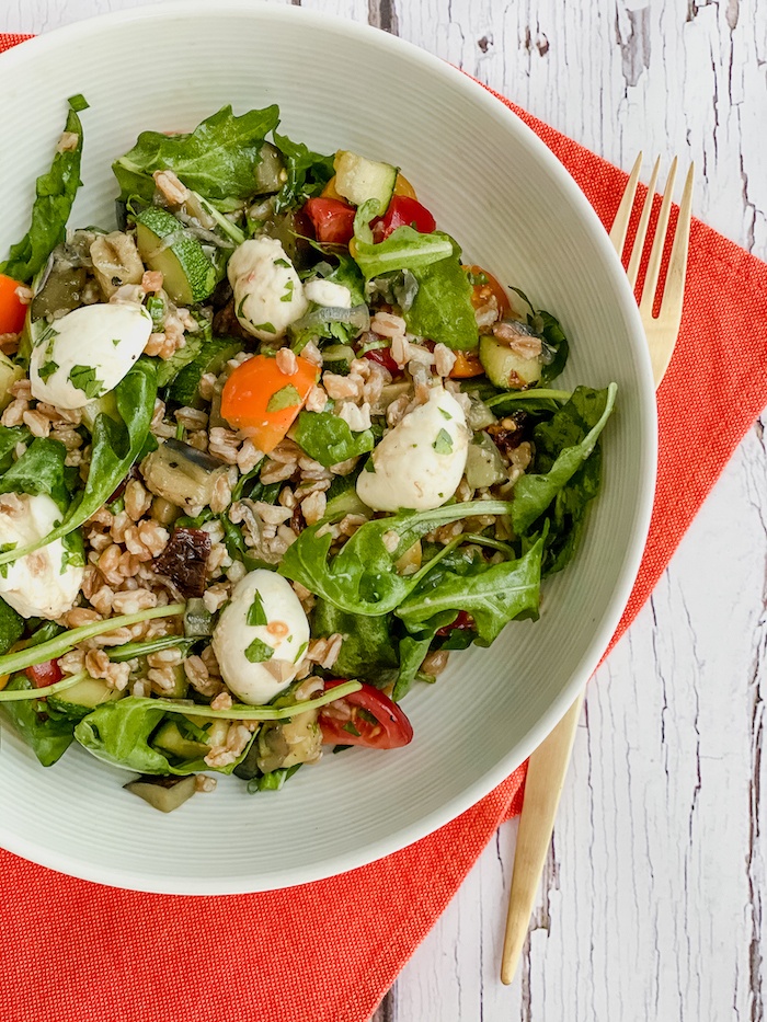 End of Summer Farro Salad in a white bowl