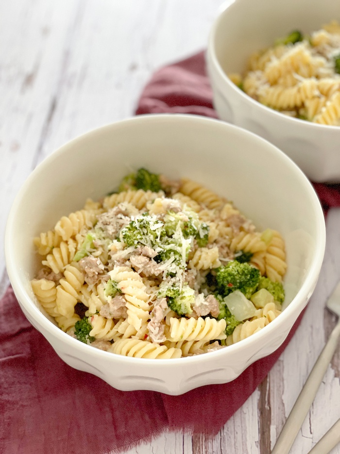Pasta with broccoli and sausage in a bowl