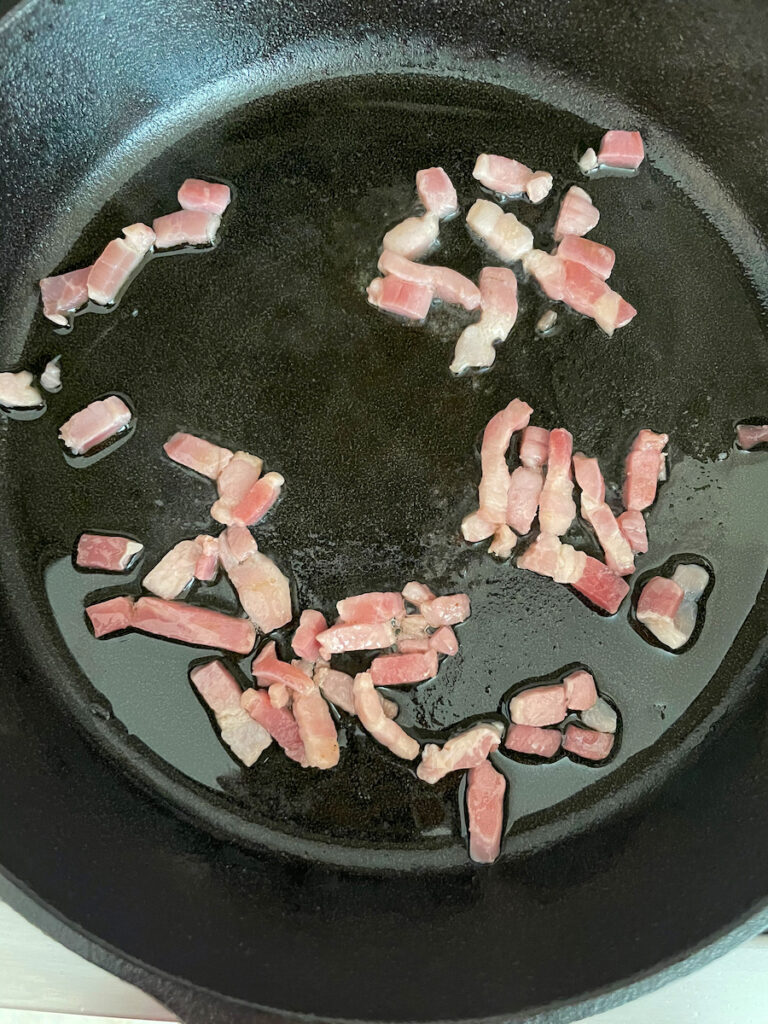 guanciale in a skillet, first step for pasta all'amatriciana