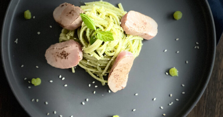Wasabi Pesto Spaghetti with Seared Tuna