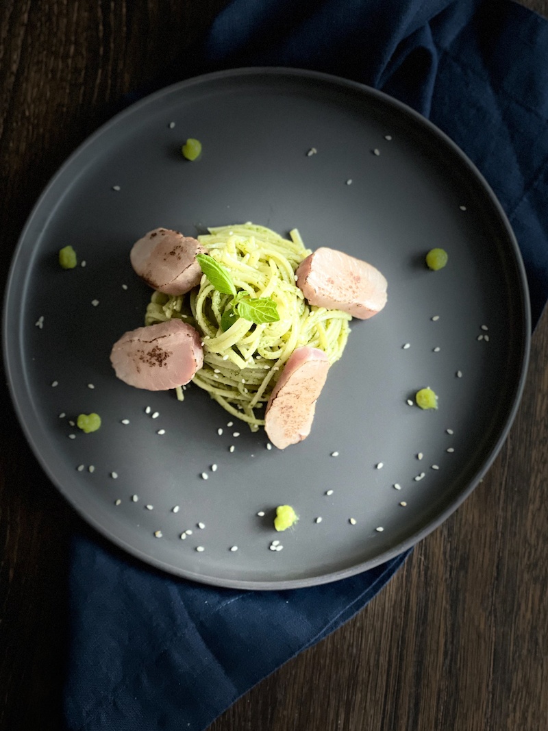 Pasta on a grey plate