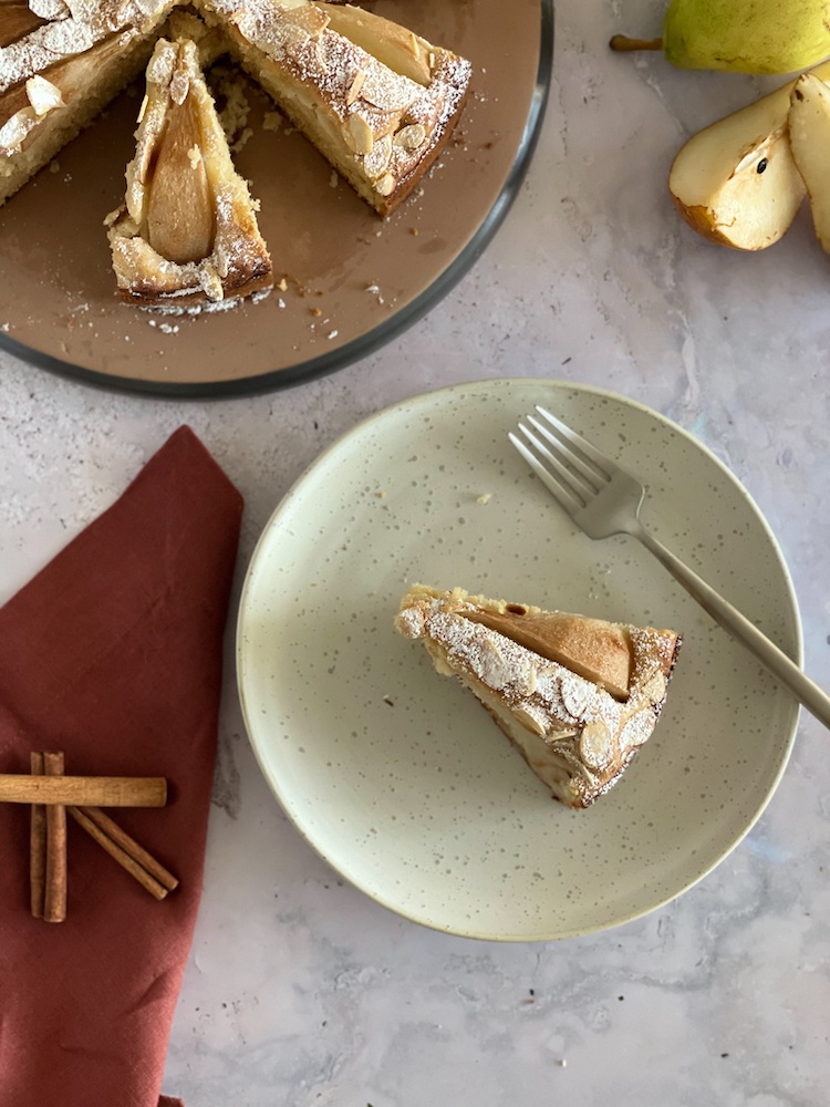 Italian Pear Cake on a plate with fork