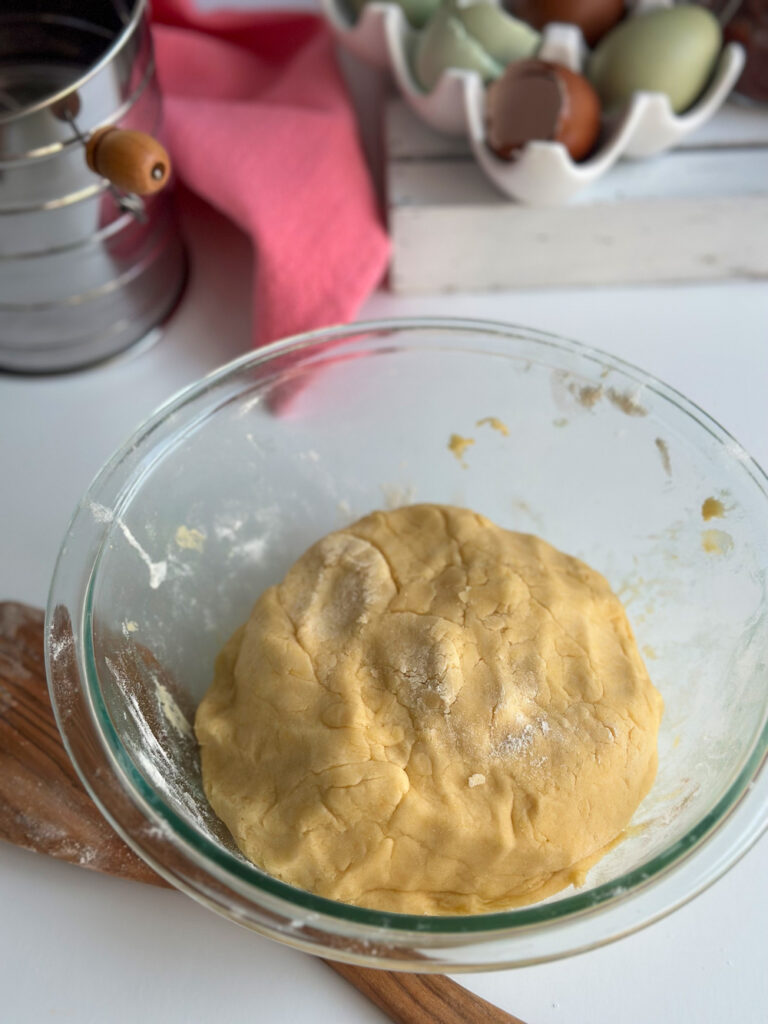 Shortcrust pastry dough before chilling. In a bowl.