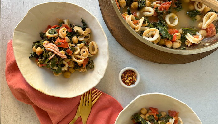 Warm Squid Salad with Kale and Chickpeas