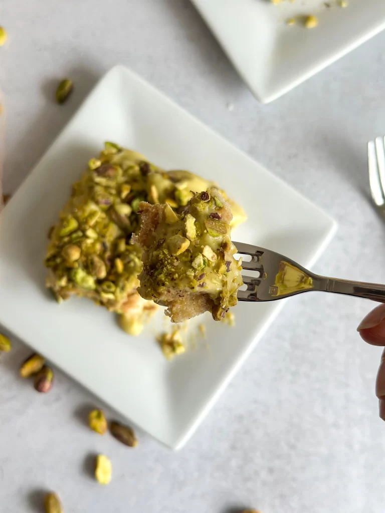 Pistachio Tiramisu Bite on a fork