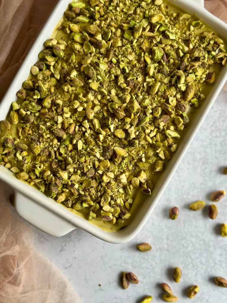 Pistachio Tiramisu on a tray