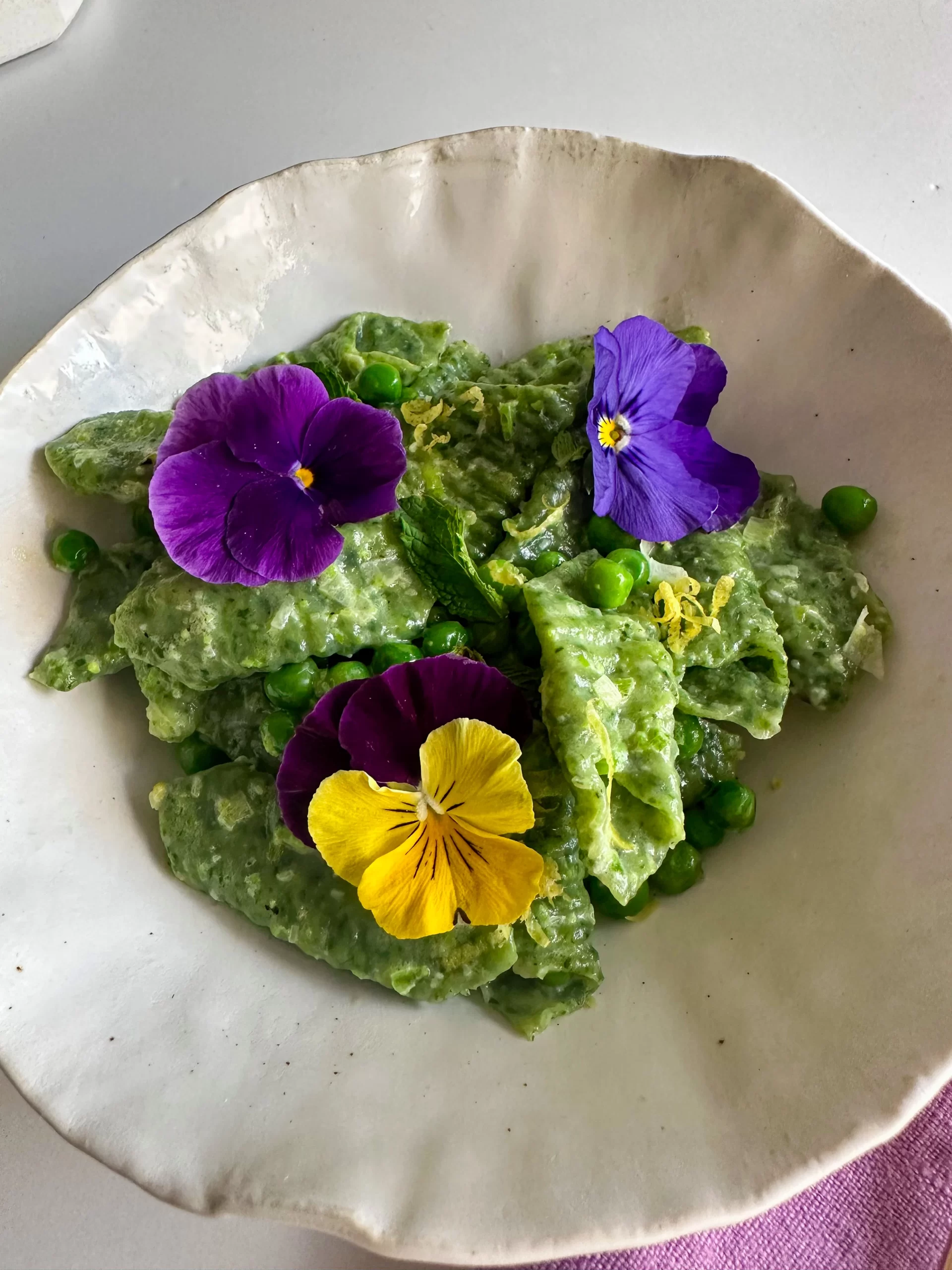 Plated Garganelli Pasta with Peas and Scallions Sauce