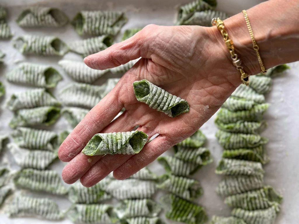 Green fresh homemade Garganelli pasta in hands