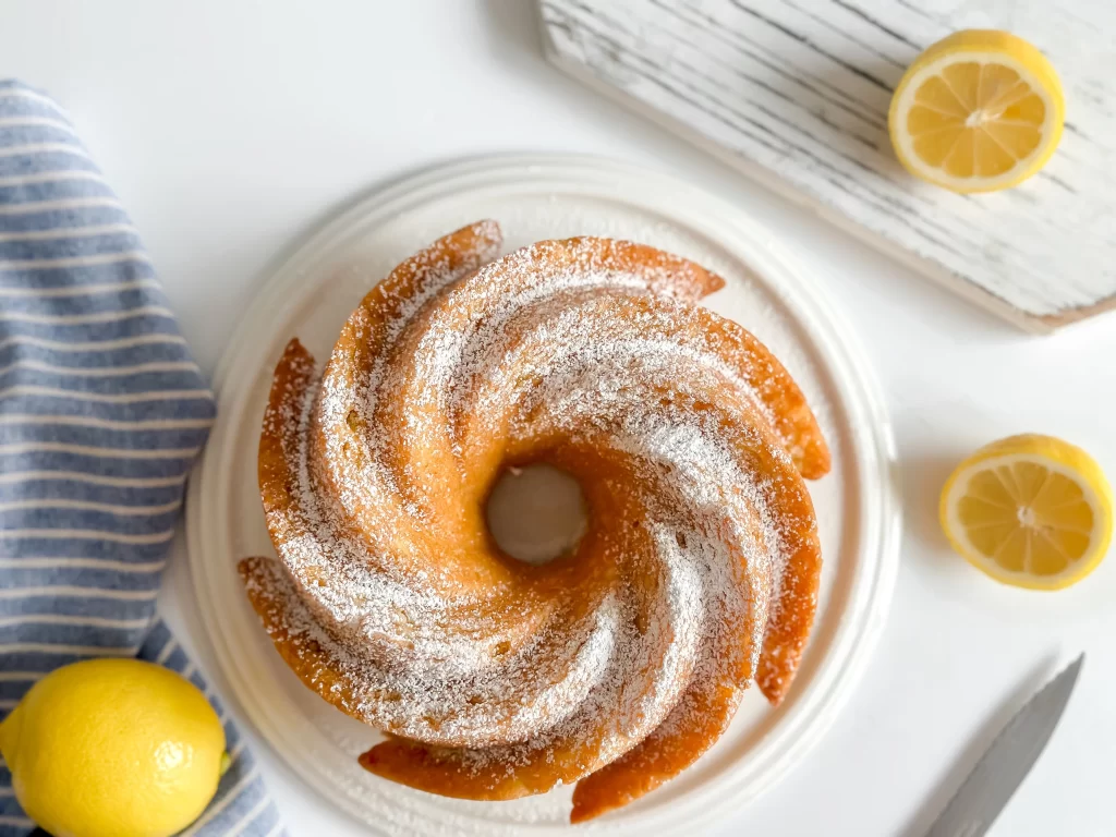 Top view of lemon olive oil bundt cake