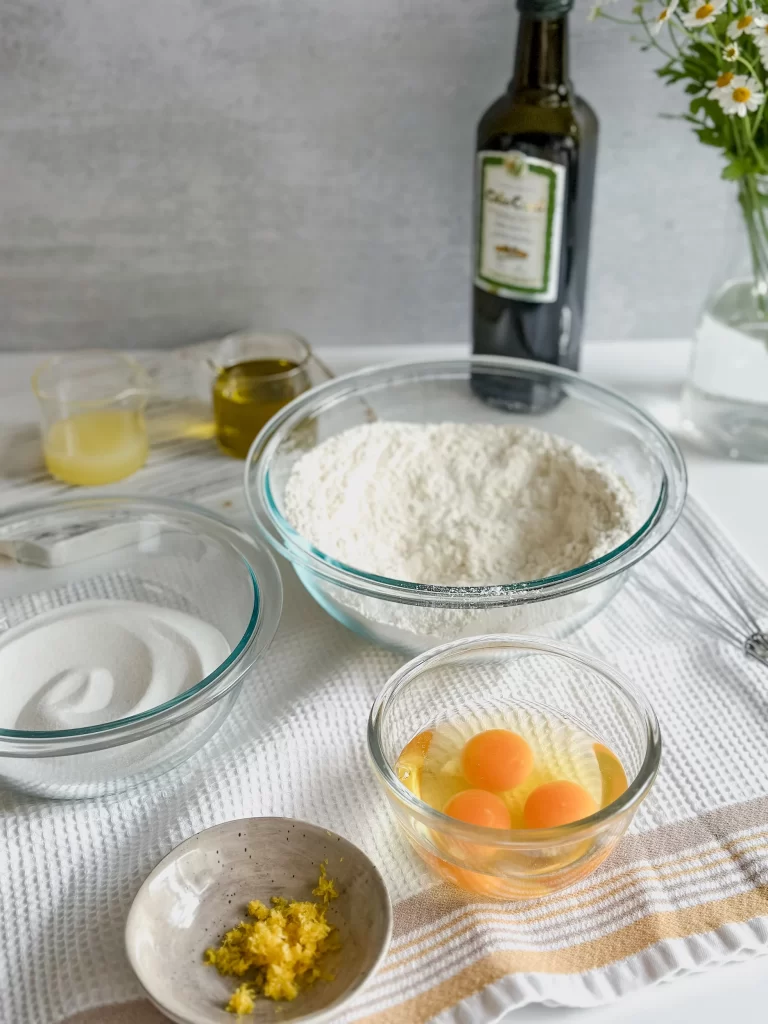 Ingredients to make Italian Lemon Olive Oil Cake.