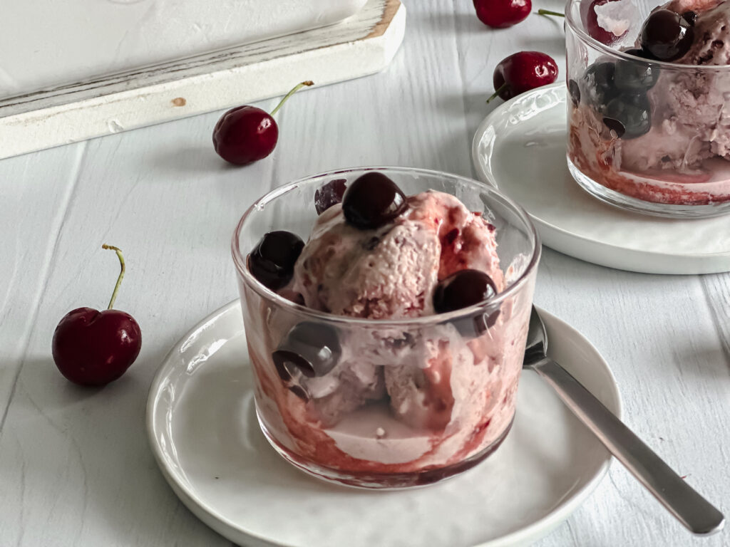 Close up of a cup of cherry ice cream
