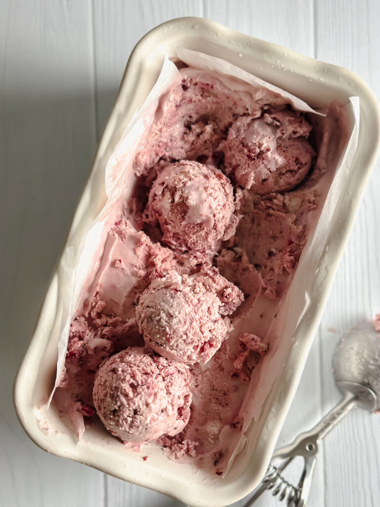 Tray of cherry ice cream after 1 night in freezer