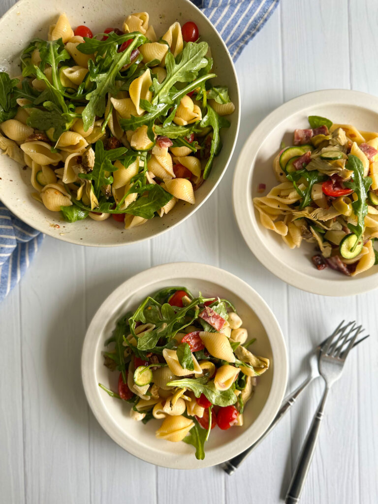 bowls with 2 plates of Italian Pasta Salad