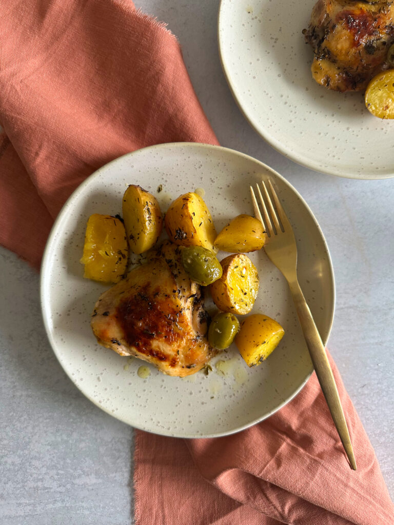 Garlic herb baked chicken with golden roasted potatoes