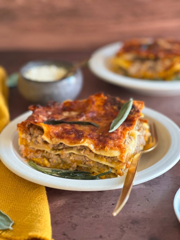 Butternut squash lasagna with white bolognese sauce in a plate