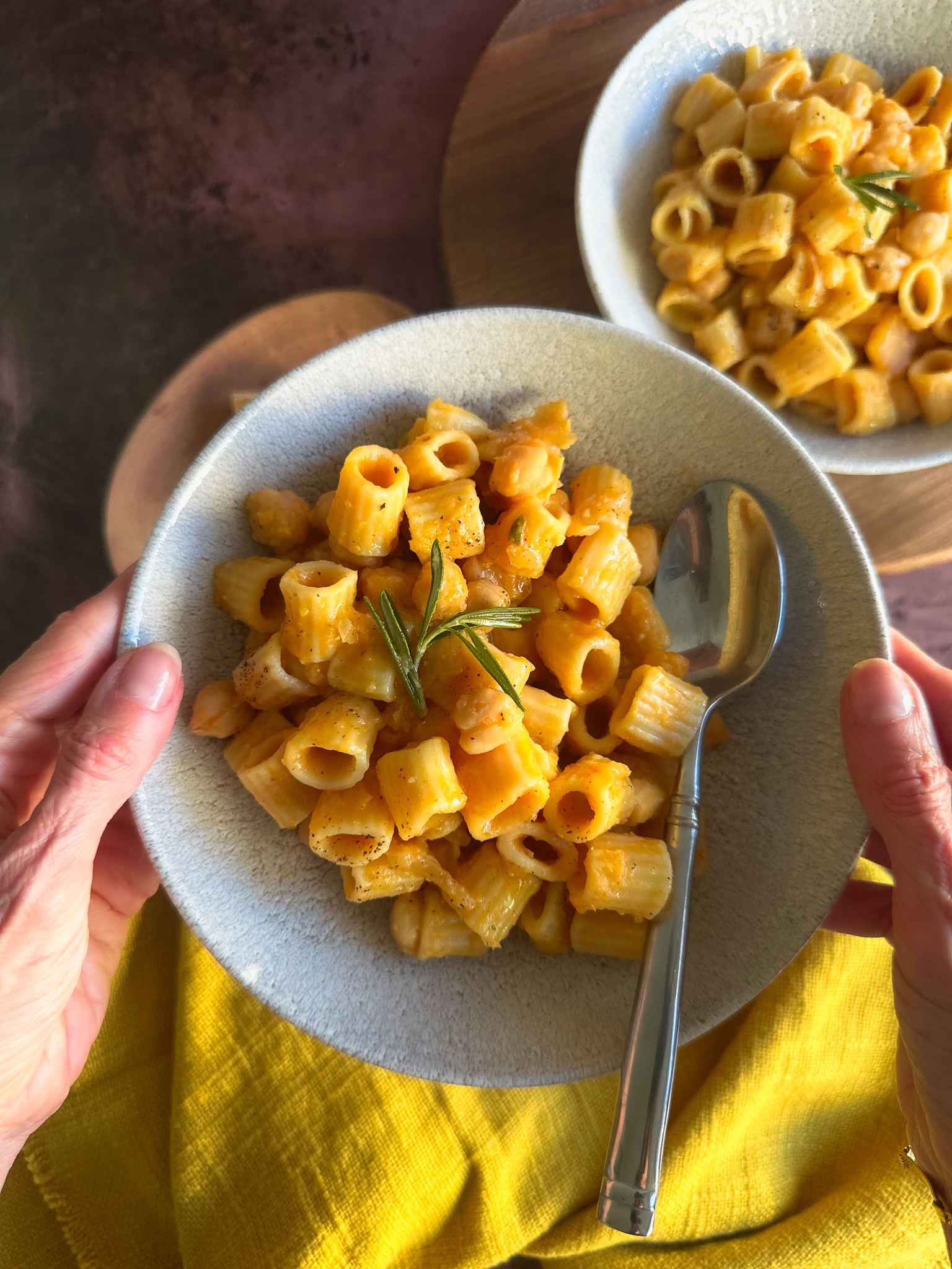 Traditional Pasta e Ceci in white bowl