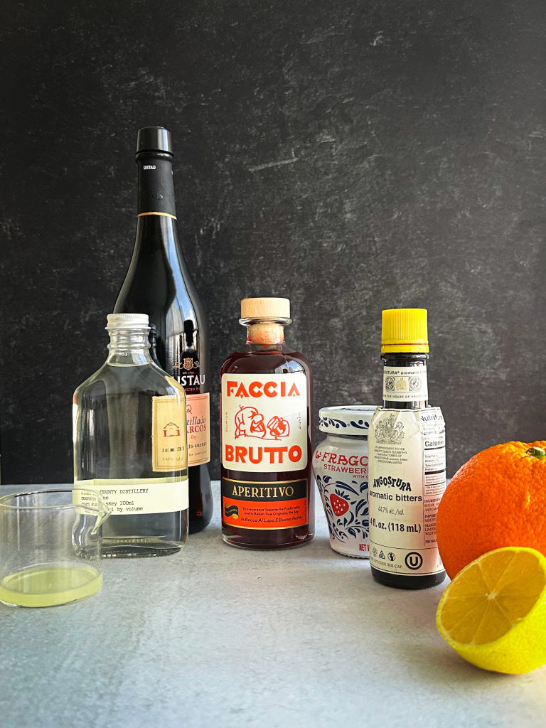 Ingredieents to make Strawberry Amaro Cocktail