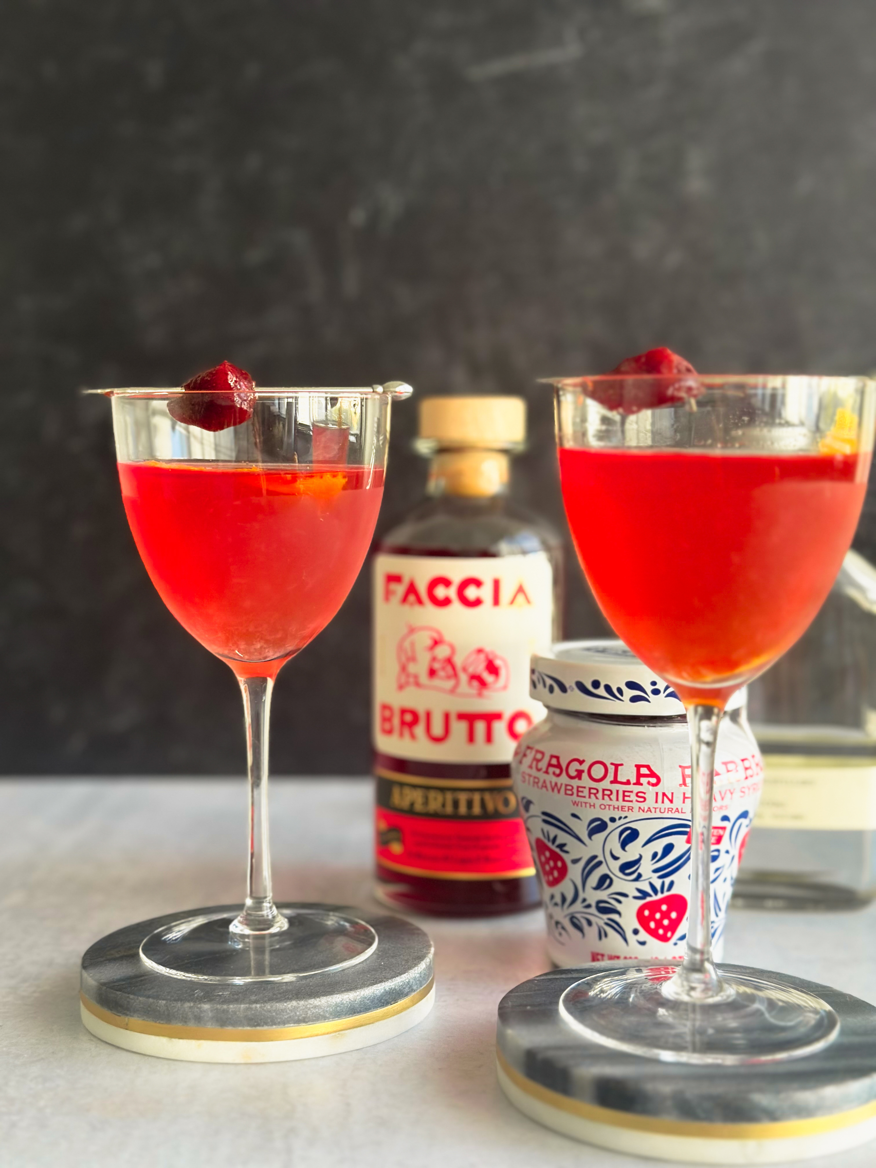 Fragola Amara Tardivo_Late Strawberry Amaro cocktails in nick and nora glasses