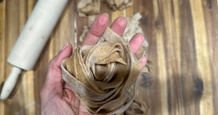 Spelt Tagliatelle Pasta with Kale & Walnut Pesto and Mushroom