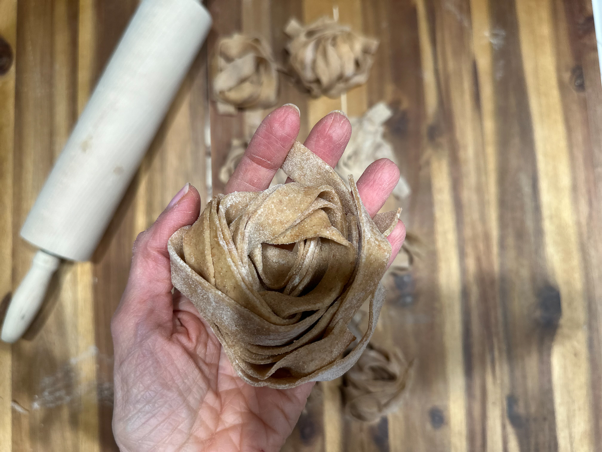 Spelt Tagliatelle Pasta with Kale & Walnut Pesto and Mushroom