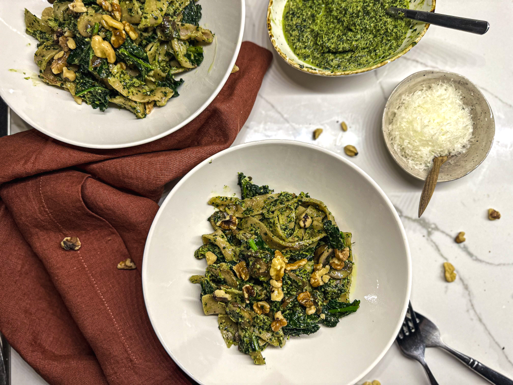 Spelt Tagliatelle Pasta with Kale & Walnut Pesto and Mushroom plated