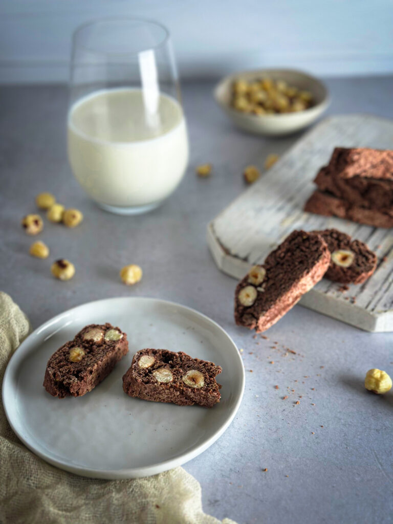 Italian Cocoa and Hazelnut Biscotti with a glass of milk