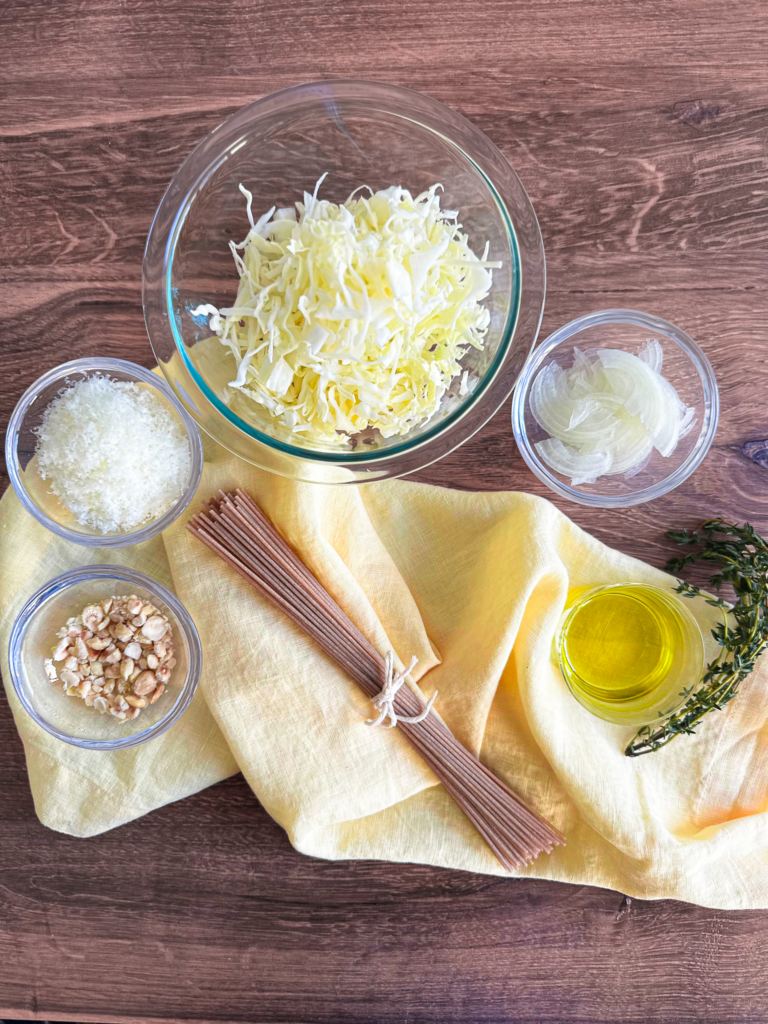 Ingredients to make caramelized cabbage pasta