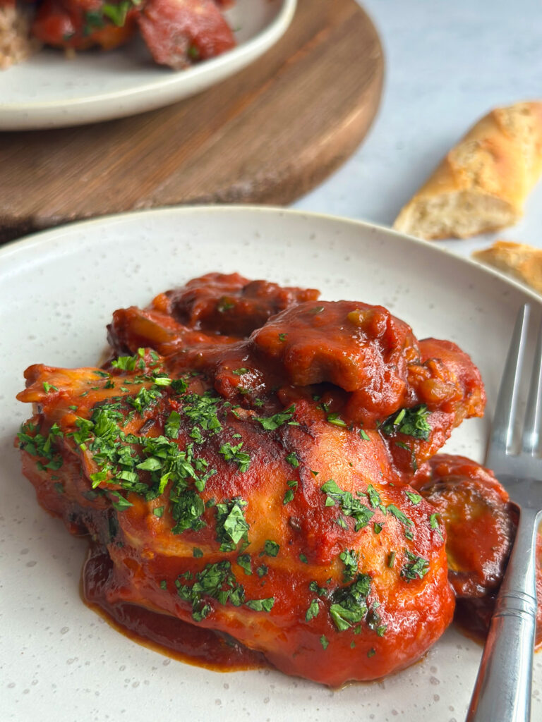 close up of chicken cacciatore on a plate