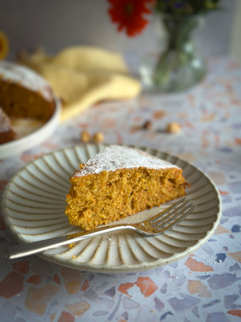 Slice of carrot olive oil cake