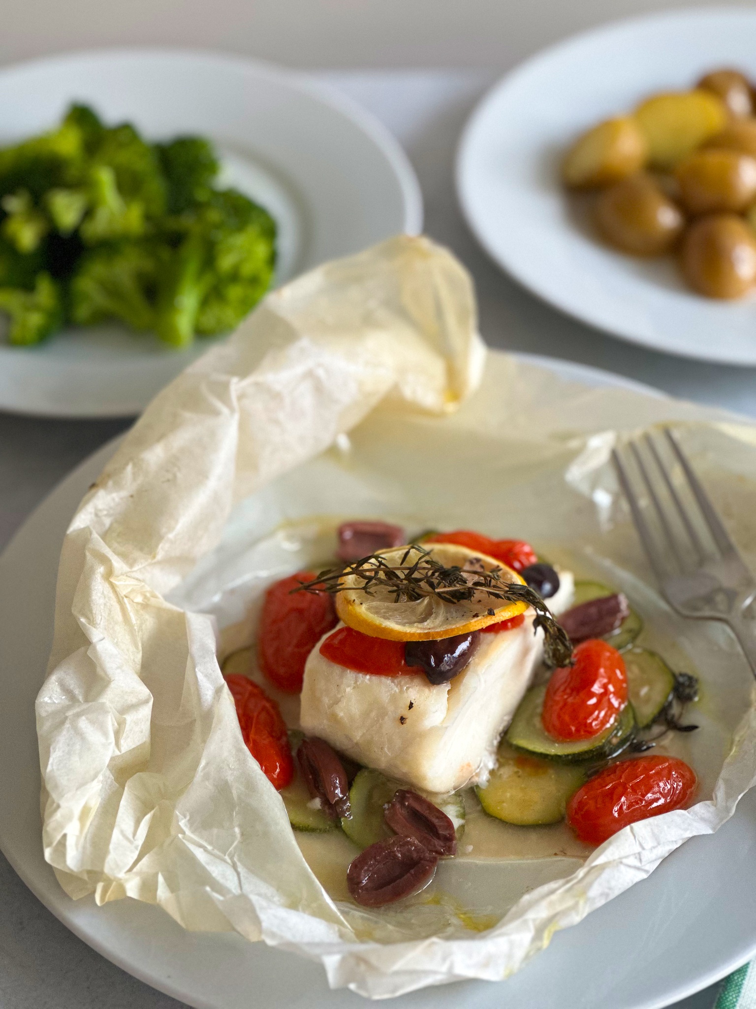 Italian fish in parchment paper close up